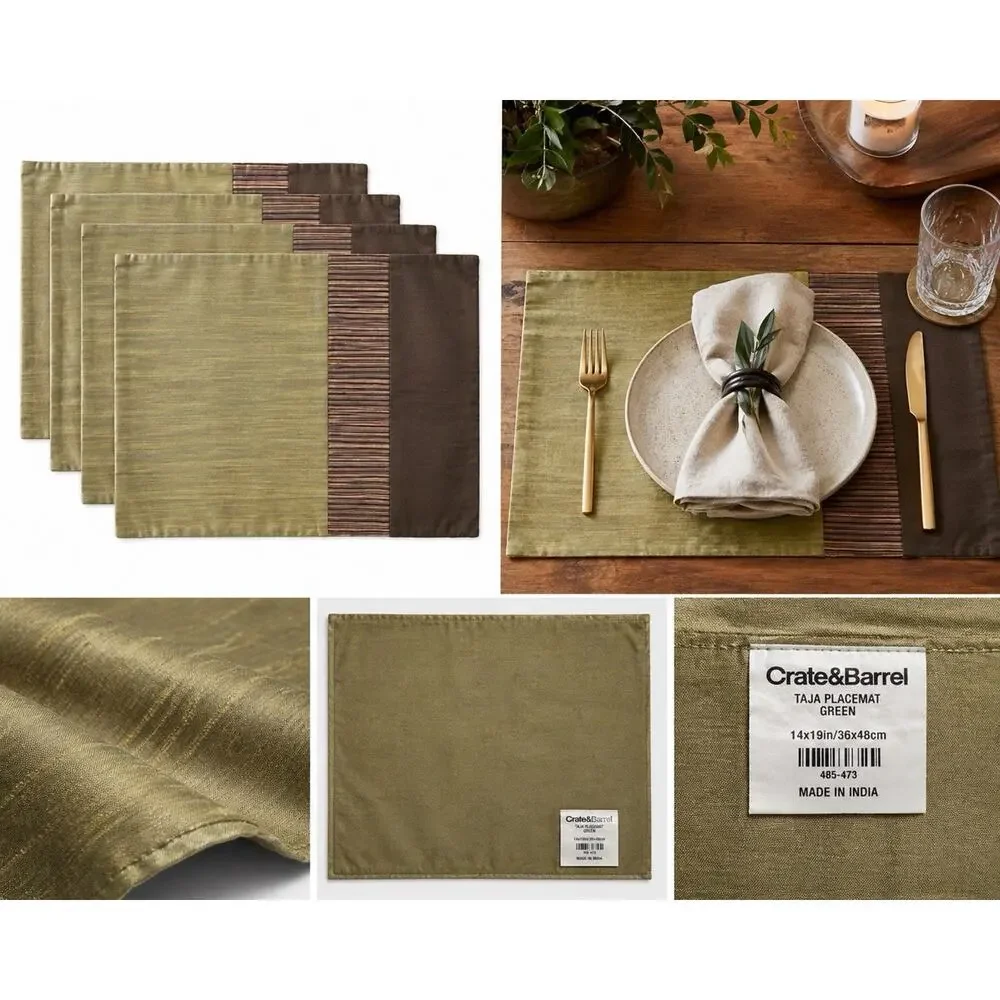 Crate Barrel Taja Silk Placemats Set 4 Green Brown Striped 14x19 India Modern